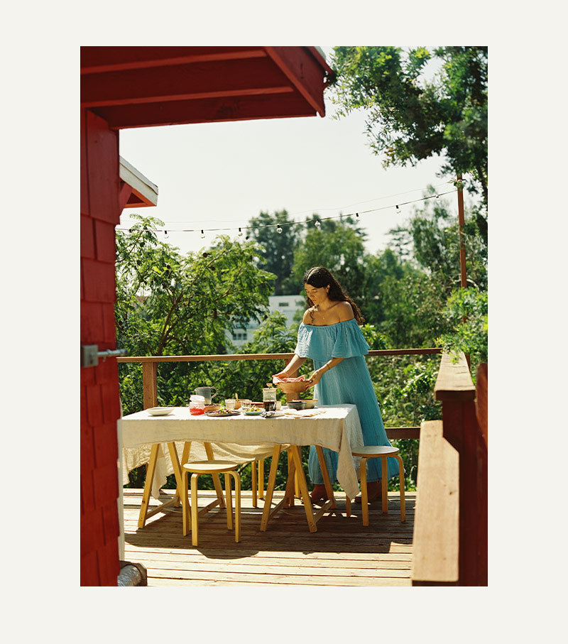 Artist April Valencia at home in California making a breakfast outside for Canyon Coffee