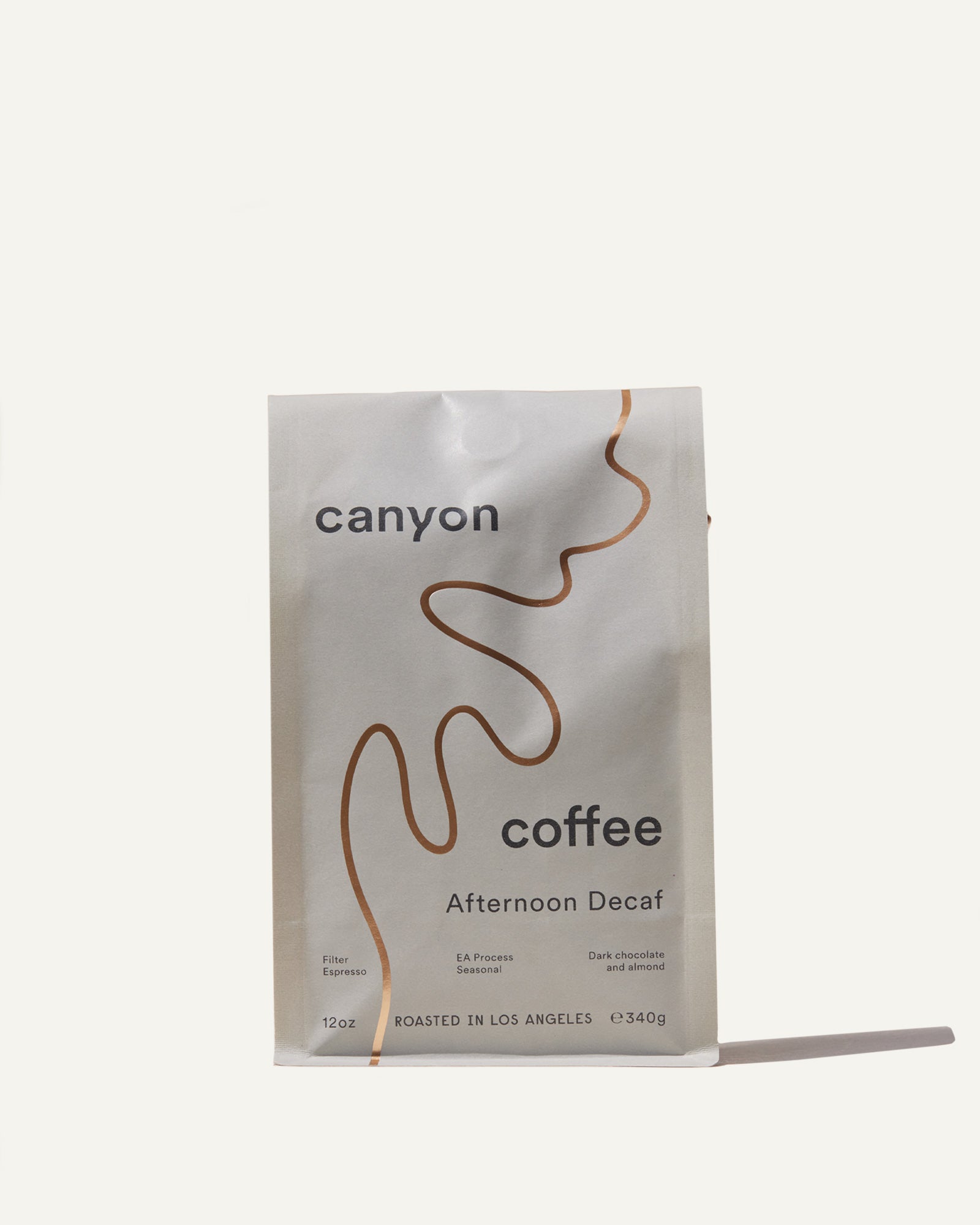 Front of the Afternoon Decaf coffee bag packaging with gold foil 