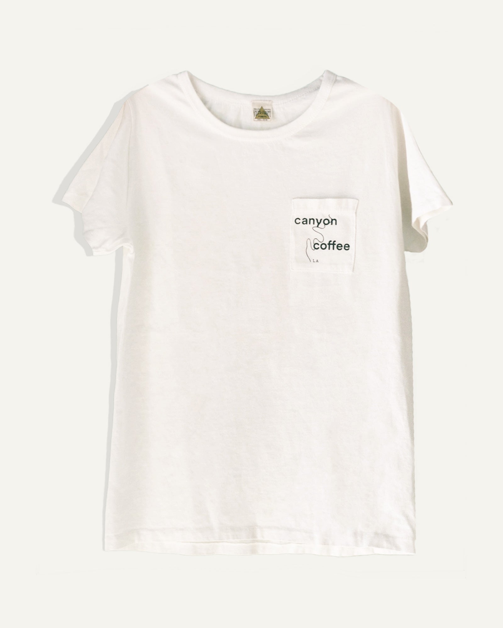 The Canyon Coffee white cotton pocket tee, made in Los Angeles