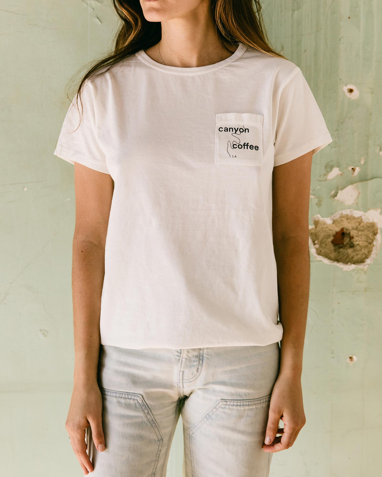 The Canyon Coffee white cotton pocket tee, made in Los Angeles